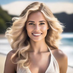 A high-quality, realistic image showcasing a 28-year-old Brazilian model with wavy blonde hair