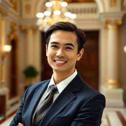 A formal portrait of a confident individual in a classic suit, standing in an elegant setting