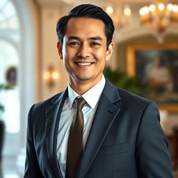 A formal portrait of a confident individual in a classic suit, standing in an elegant setting