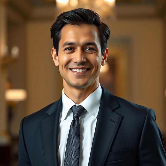 A formal portrait of a confident individual in a classic suit, standing in an elegant setting