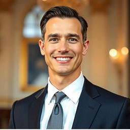 A formal portrait of a confident individual in a classic suit, standing in an elegant setting
