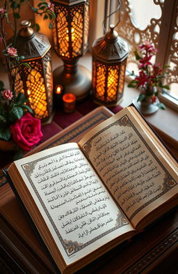 An intricate Islamic book written in elegant Arabic calligraphy, featuring ornate details on the cover