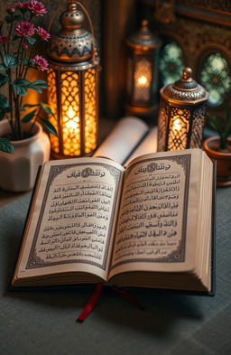 An intricate Islamic book written in elegant Arabic calligraphy, featuring ornate details on the cover