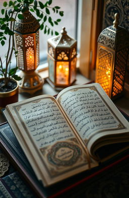 An intricate Islamic book written in elegant Arabic calligraphy, featuring ornate details on the cover