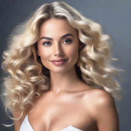 A high-quality, realistic image showcasing a 28-year-old Brazilian model with wavy blonde hair