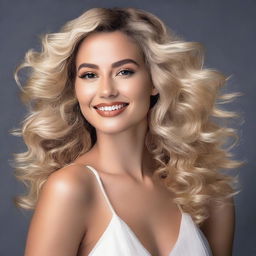 A high-quality, realistic image showcasing a 28-year-old Brazilian model with wavy blonde hair