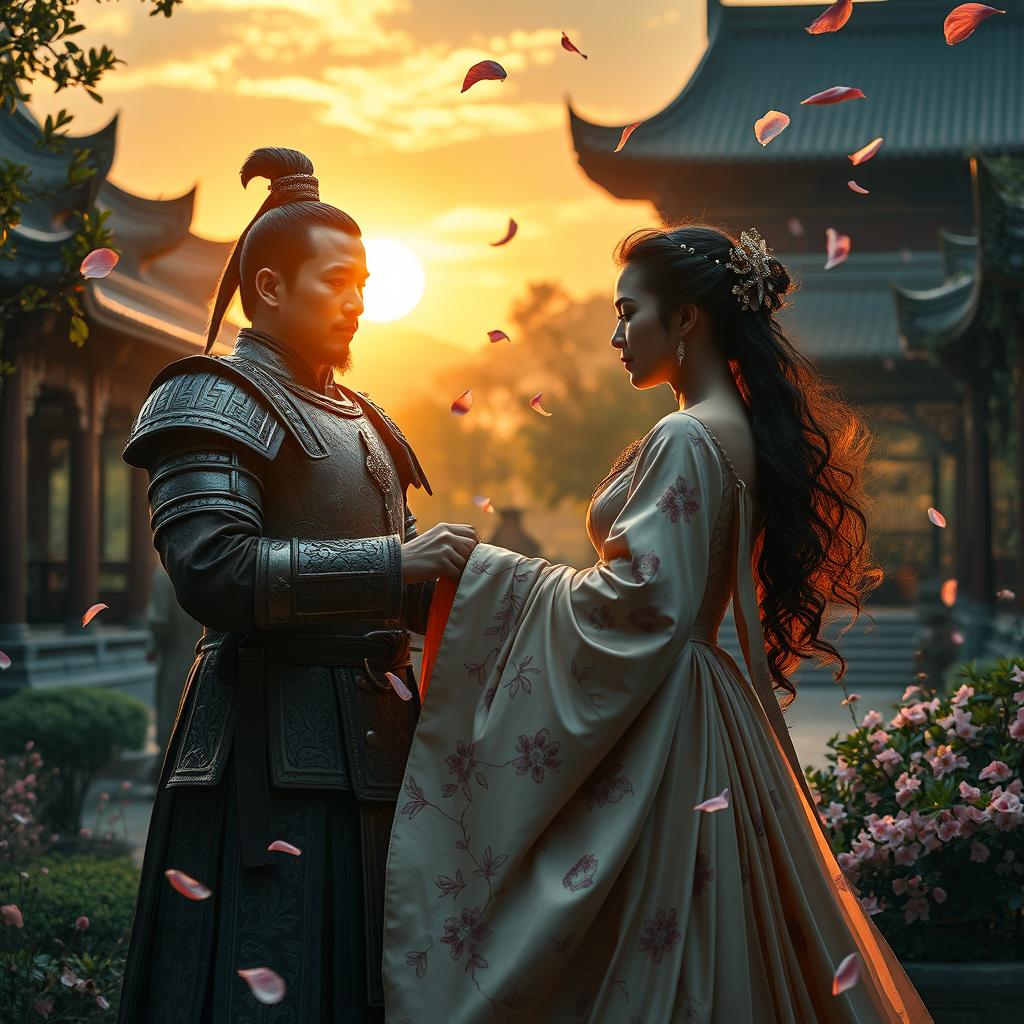 A dramatic and emotionally charged scene depicting General Meng Yi and Princess Li in a beautiful ancient Chinese palace garden