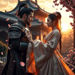 A dramatic and emotionally charged scene depicting General Meng Yi and Princess Li in a beautiful ancient Chinese palace garden
