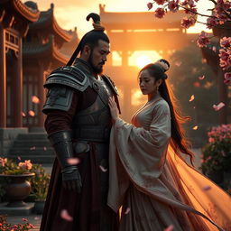 A dramatic and emotionally charged scene depicting General Meng Yi and Princess Li in a beautiful ancient Chinese palace garden