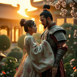 A dramatic and emotionally charged scene depicting General Meng Yi and Princess Li in a beautiful ancient Chinese palace garden