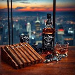 A detailed scene depicting a luxurious setting with a wooden table showcasing an assortment of Cuban cigars elegantly arranged