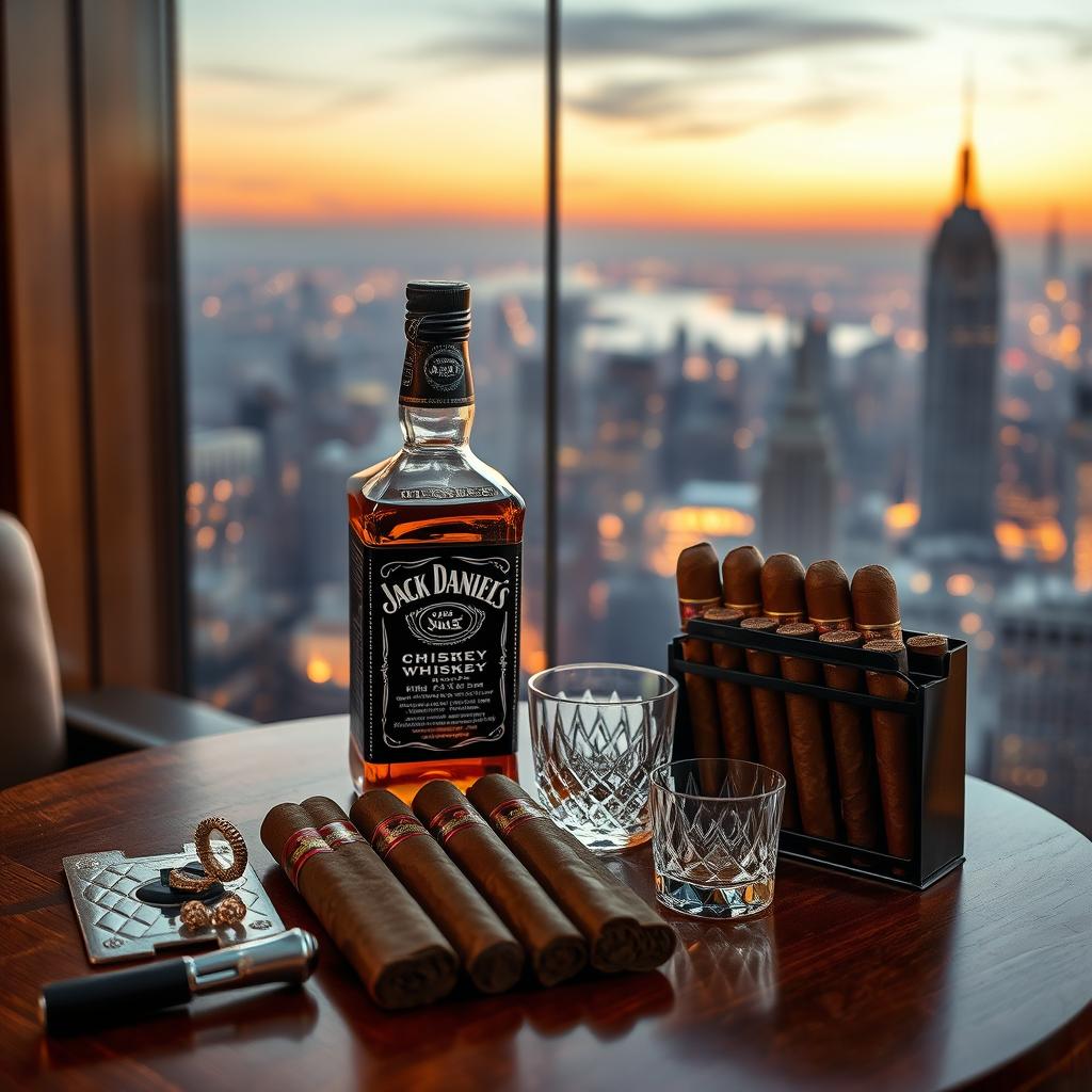 A detailed scene depicting a luxurious setting with a wooden table showcasing an assortment of Cuban cigars elegantly arranged