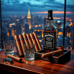 A detailed scene depicting a luxurious setting with a wooden table showcasing an assortment of Cuban cigars elegantly arranged