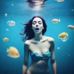 A high-quality digital art image that combines an underwater scene with Instagram statistics