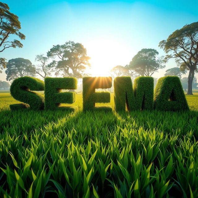 A vast green field filled with lush, thick bushes sculpted into the letters 'SEEMA' and 'SANJAYSINH'