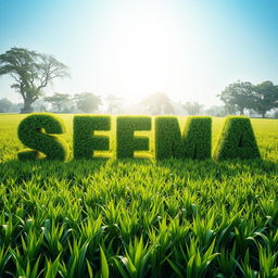 A vast green field filled with lush, thick bushes sculpted into the letters 'SEEMA' and 'SANJAYSINH'