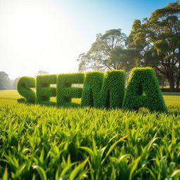 A vast green field filled with lush, thick bushes sculpted into the letters 'SEEMA' and 'SANJAYSINH'