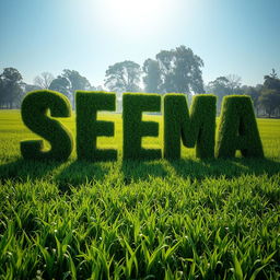 A vast green field filled with lush, thick bushes sculpted into the letters 'SEEMA' and 'SANJAYSINH'