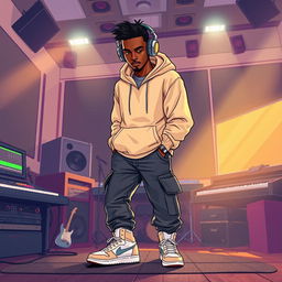 A digital illustration of a black man in a music studio, wearing a stylish beige streetwear hoodie and streetwear cargo jeans