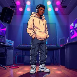 A digital illustration of a black man in a music studio, wearing a stylish beige streetwear hoodie and streetwear cargo jeans