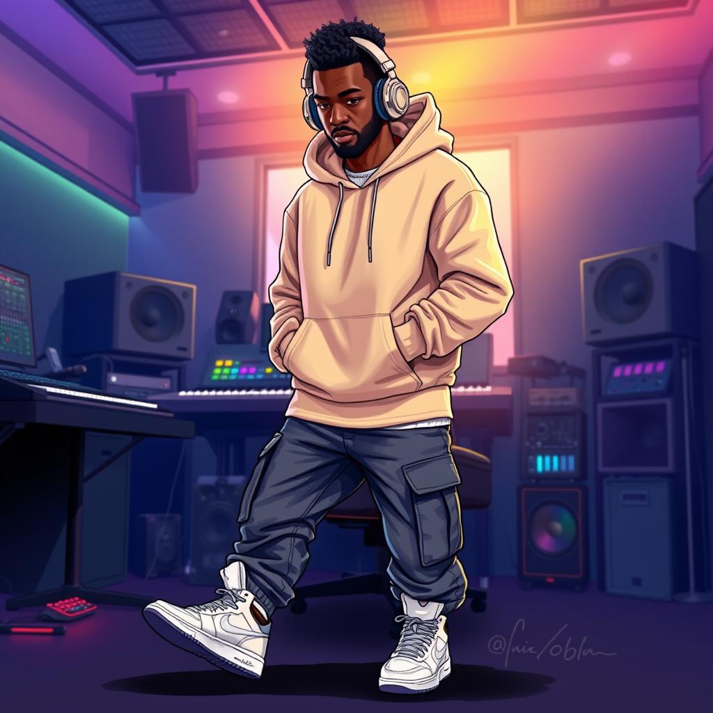 A digital illustration of a black man in a music studio, wearing a stylish beige streetwear hoodie and streetwear cargo jeans