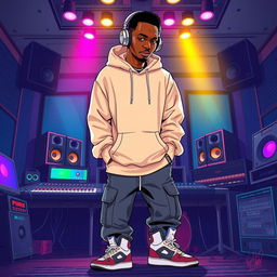 A digital illustration of a black man in a music studio, wearing a stylish beige streetwear hoodie and streetwear cargo jeans