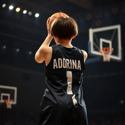 A back view of a girl with short hair, wearing a sleek black basketball dress featuring the name 'Adrina' in bold white letters and the number 1