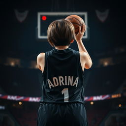 A back view of a girl with short hair, wearing a sleek black basketball dress featuring the name 'Adrina' in bold white letters and the number 1