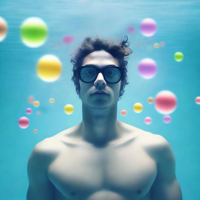 A high-quality digital art image that merges a submerged male figure with Instagram statistics