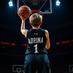 A back view of a girl with short hair, wearing a sleek black basketball dress featuring the name 'Adrina' in bold white letters and the number 1