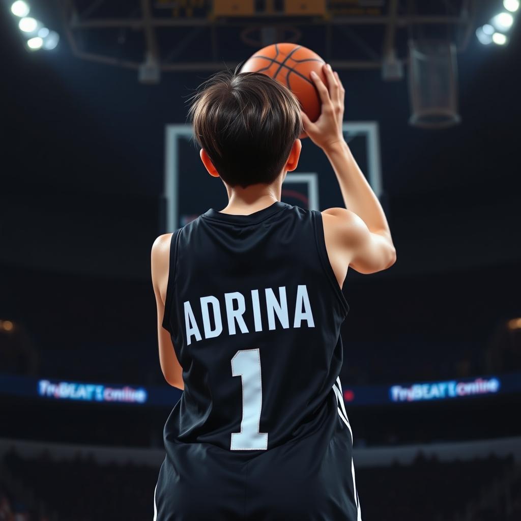 A back view of a girl with short hair, wearing a sleek black basketball dress featuring the name 'Adrina' in bold white letters and the number 1