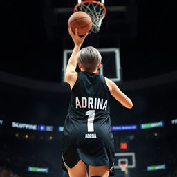 A back view of a girl with short hair, wearing a stylish black basketball dress featuring the name 'Adrina' and the number '1' prominently displayed in white letters
