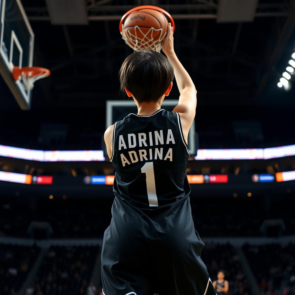 A back view of a girl with short hair, wearing a stylish black basketball dress featuring the name 'Adrina' and the number '1' prominently displayed in white letters