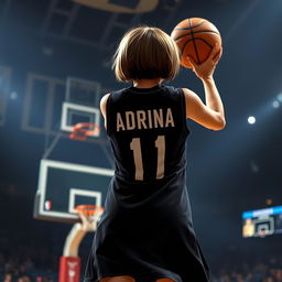 A back view of a girl with short hair, wearing a stylish black basketball dress featuring the name 'Adrina' and the number '1' prominently displayed in white letters