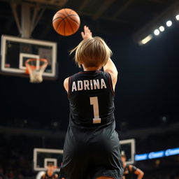 A back view of a girl with short hair, wearing a stylish black basketball dress featuring the name 'Adrina' and the number '1' prominently displayed in white letters