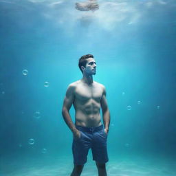 A high-quality digital art image that merges a submerged male figure with Instagram statistics