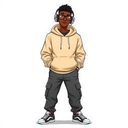 A digital animation featuring a black man wearing a stylish beige streetwear hoodie along with streetwear cargo jeans
