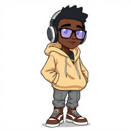 A digital animation featuring a black man wearing a stylish beige streetwear hoodie along with streetwear cargo jeans