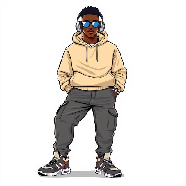 A digital animation featuring a black man wearing a stylish beige streetwear hoodie along with streetwear cargo jeans