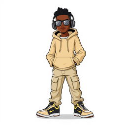 A digital animation featuring a black man wearing a stylish beige streetwear hoodie along with streetwear cargo jeans