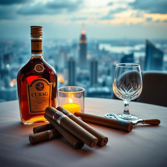 A luxurious dinner table setting featuring Cuban cigars elegantly placed next to a rich bottle of cognac