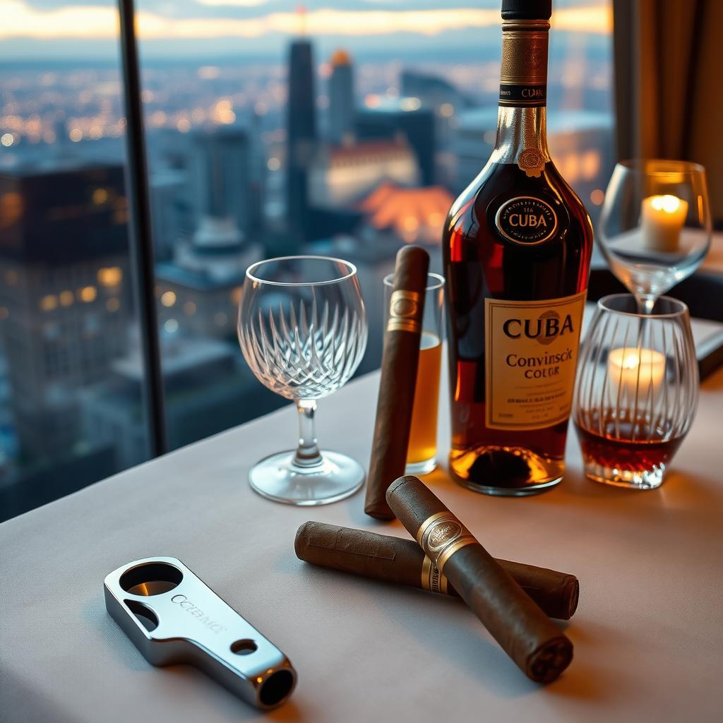 A luxurious dinner table setting featuring Cuban cigars elegantly placed next to a rich bottle of cognac