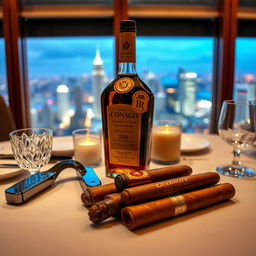 A luxurious dinner table setting featuring Cuban cigars elegantly placed next to a rich bottle of cognac