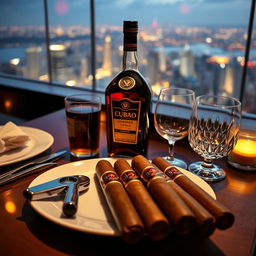 A luxurious dinner table setting featuring Cuban cigars elegantly placed next to a rich bottle of cognac