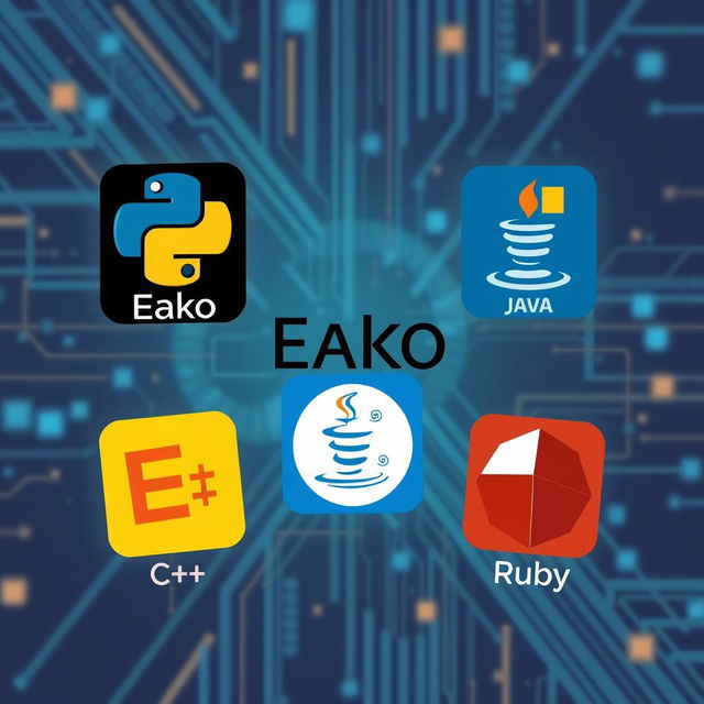 A creative and visually appealing illustration showcasing five programming languages, each represented by an iconic symbol or logo