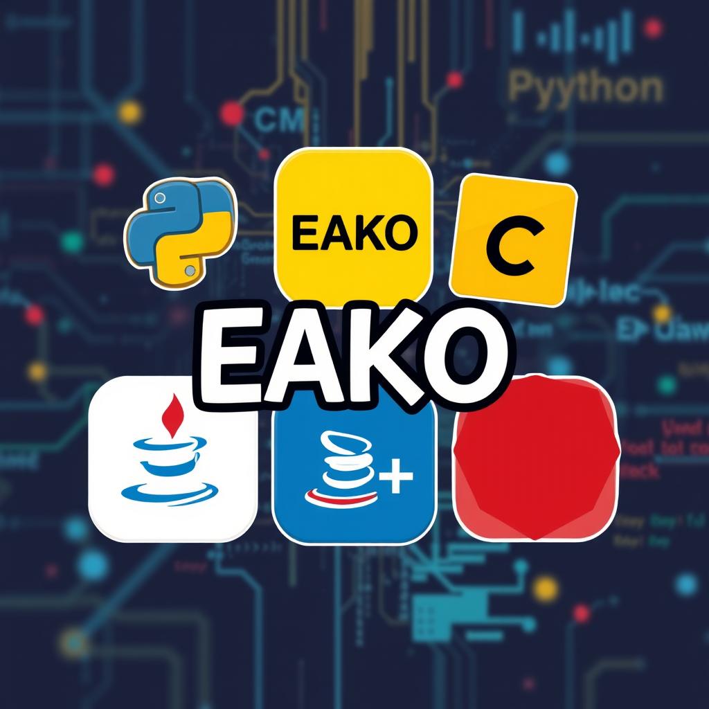 A creative and visually appealing illustration showcasing five programming languages, each represented by an iconic symbol or logo