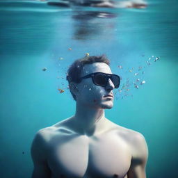 A high-quality digital art image that merges a submerged male figure with Instagram statistics