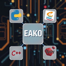 A creative and visually appealing illustration showcasing five programming languages, each represented by an iconic symbol or logo