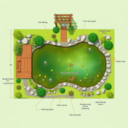 A detailed fish pond layout plan on a rectangular plot of land measuring 600 square meters (20 meters x 30 meters)