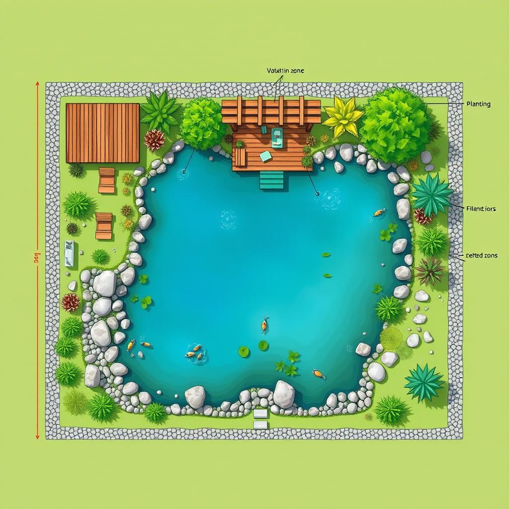 A detailed fish pond layout plan on a rectangular plot of land measuring 600 square meters (20 meters x 30 meters)